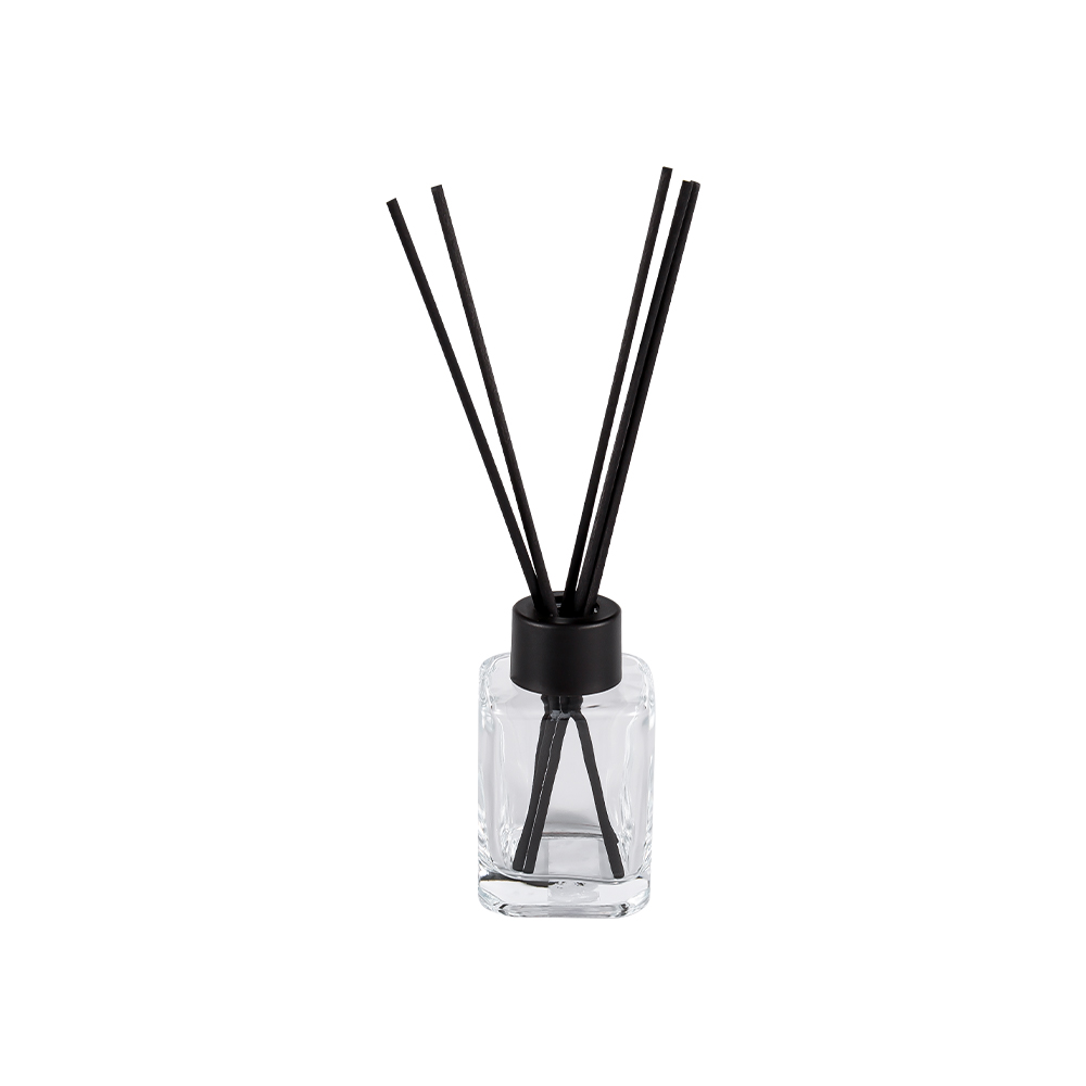 HJ-RX2248 négyzet alakú diffúzoros palack csavaros nyakú műanyag kupakkal és matt fekete szálas matricával