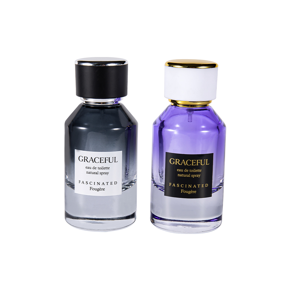 GC4416-WJ2098 50 ml bevonatos nyomtatott üveg parfümös üveg bőrrel, ABS műanyag kupakkal, UV-álló PP béléssel