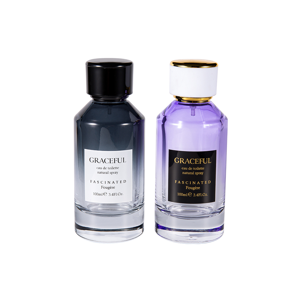 GC4418-WJ2098 100 ml színes bevonatú nyomtatott üveg parfümös palack bőr ABS műanyag kupakkal és UV PP béléssel