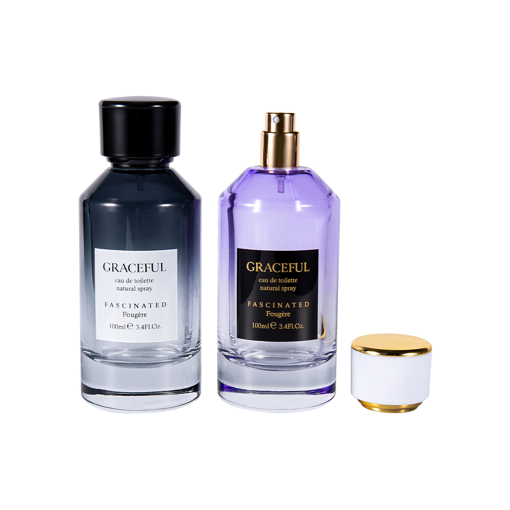 GC4418-WJ2098 100 ml színes bevonatú nyomtatott üveg parfümös palack bőr ABS műanyag kupakkal és UV PP béléssel