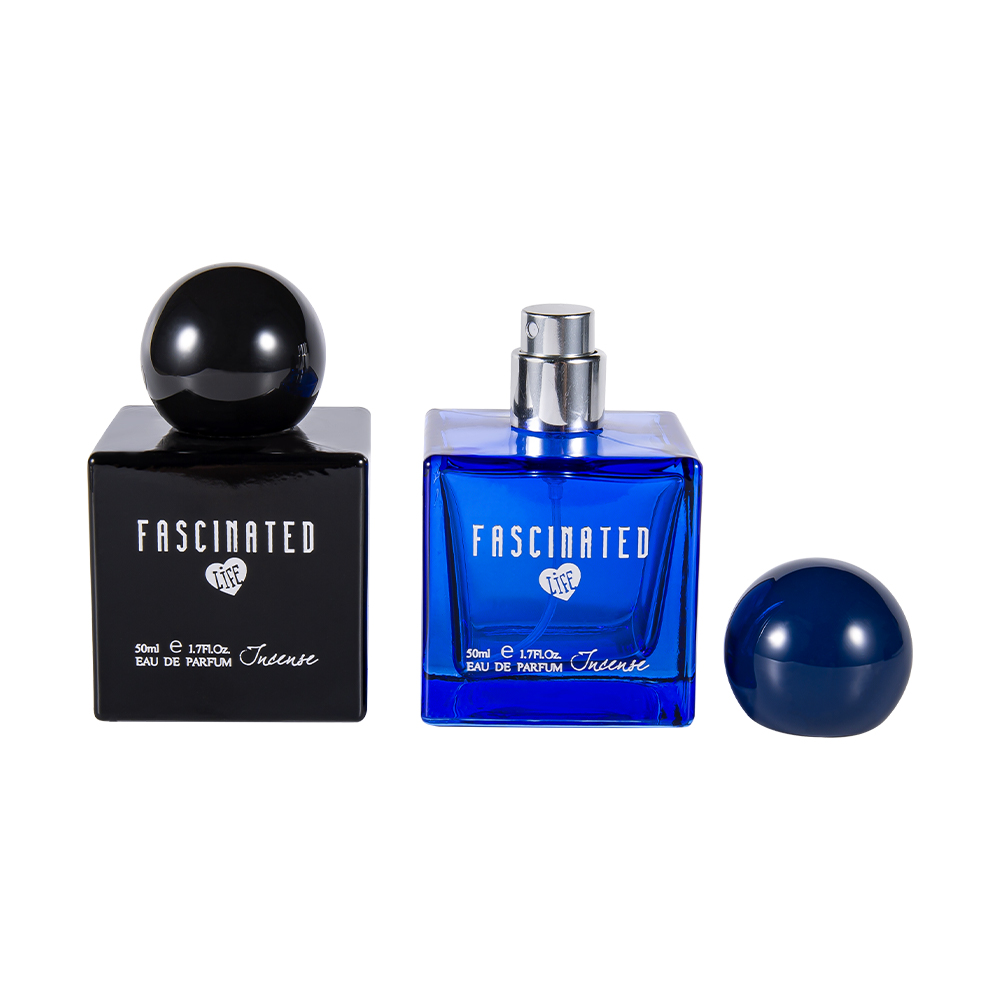 KY145-WJ2537 50 ml kocka színes nyomtatott üveg parfümös üveg gömb alakú UV műanyag kupakkal