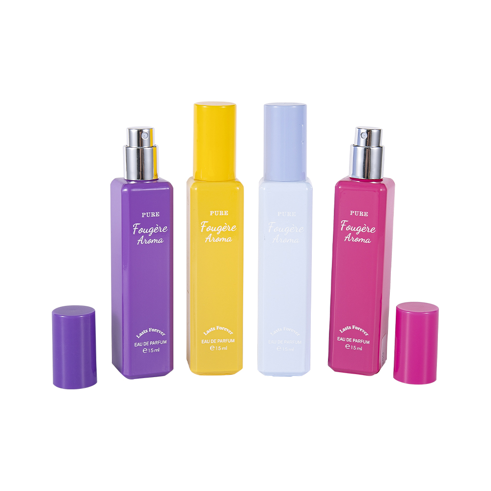 GC4222-WJ2369 15 ml-es kis űrtartalmú bevonatos üveg parfümös üveg színes PP műanyag kupakkal