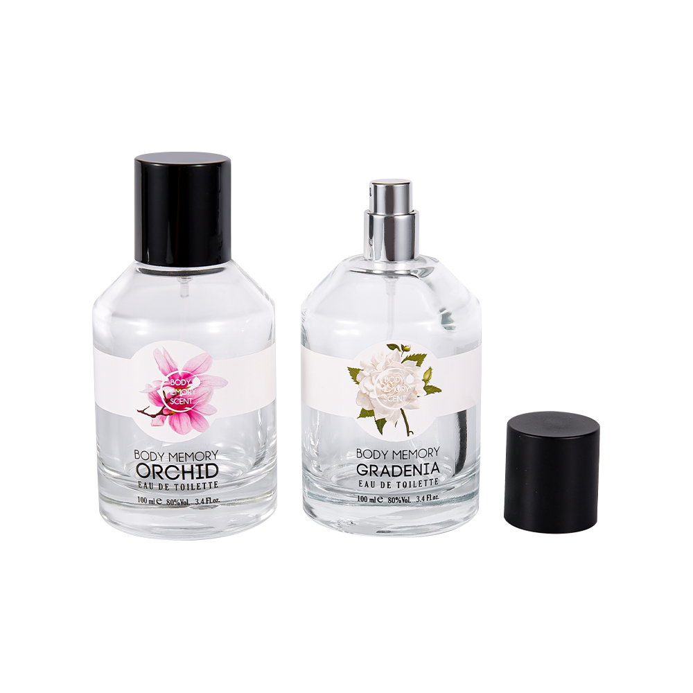 KY1603-WJ2388 100 ml nyomtatott matricás üveg parfümös üveg hengeres fényes matt fekete PP kupakkal